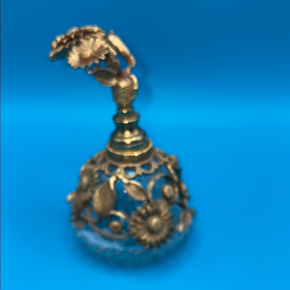 Vintage Matson Sunflower  Gold Floral Perfume Bottle Ormolu Hollywood Regency